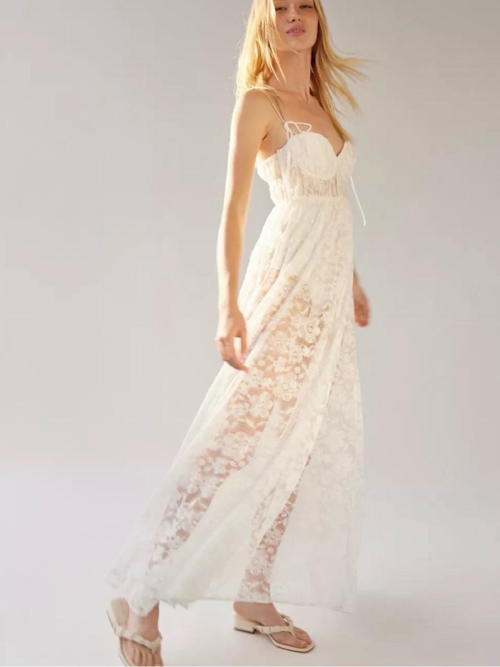 For Love & Lemons Ivory Lace Maxi Dress with Spaghetti Straps